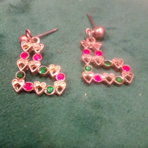 3/$18 Holiday Stocking Dainty Dangle Earrings Ruby Emeralds Sterling Silver - Picture 2 of 10